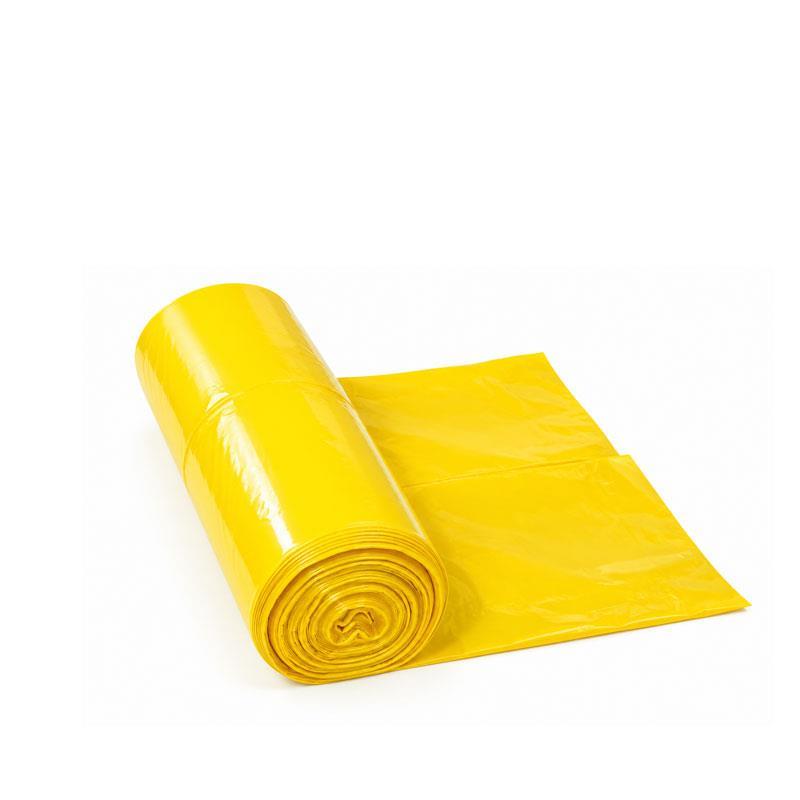 Bolsa de basura amarilla para comunidades de 60x90 cm y galga 90, fabricada con polietileno 100 % reciclado